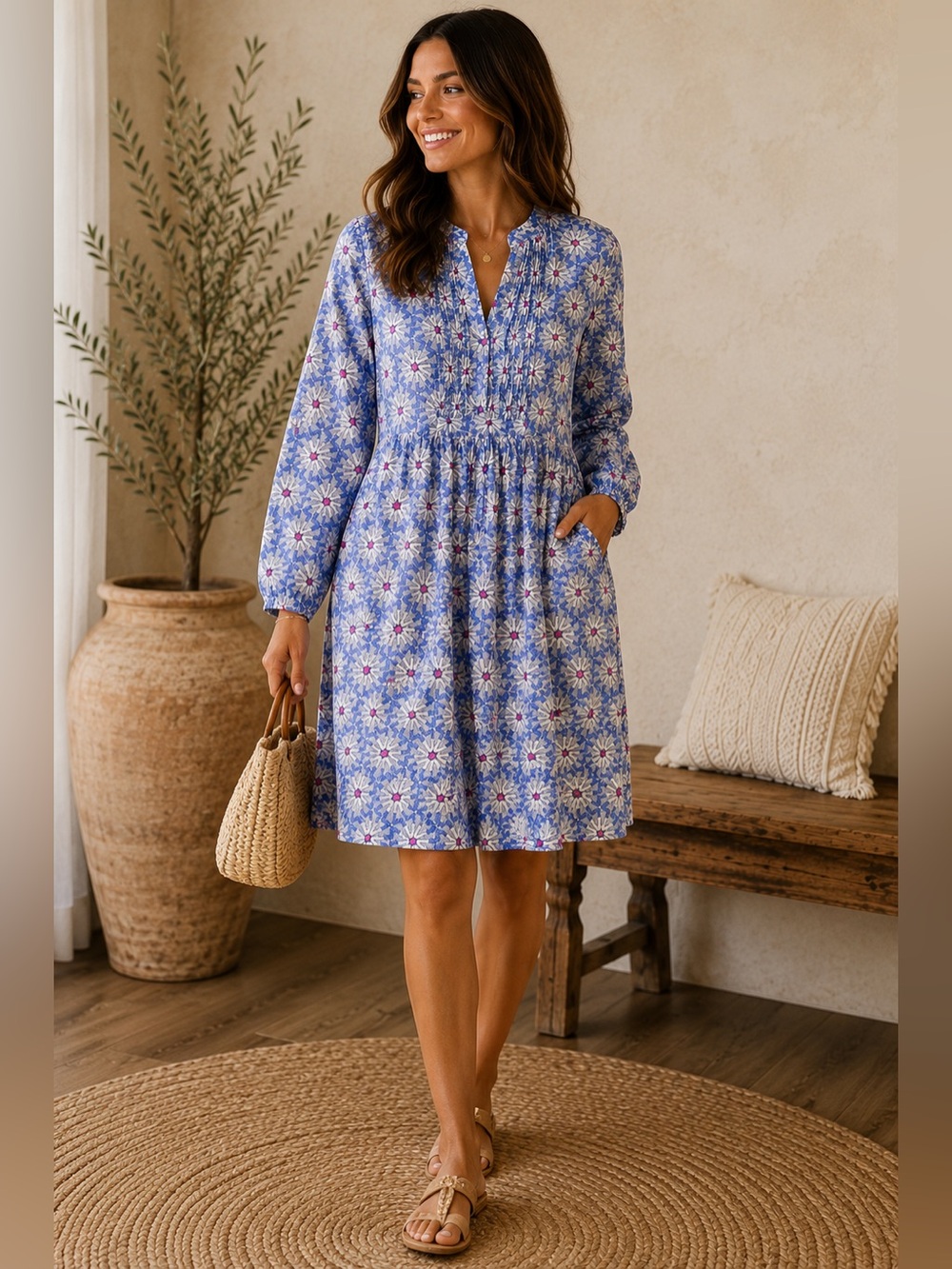 Roller Rabbit Printed Cotton Tunic Dress | Blue & Pink | Size L